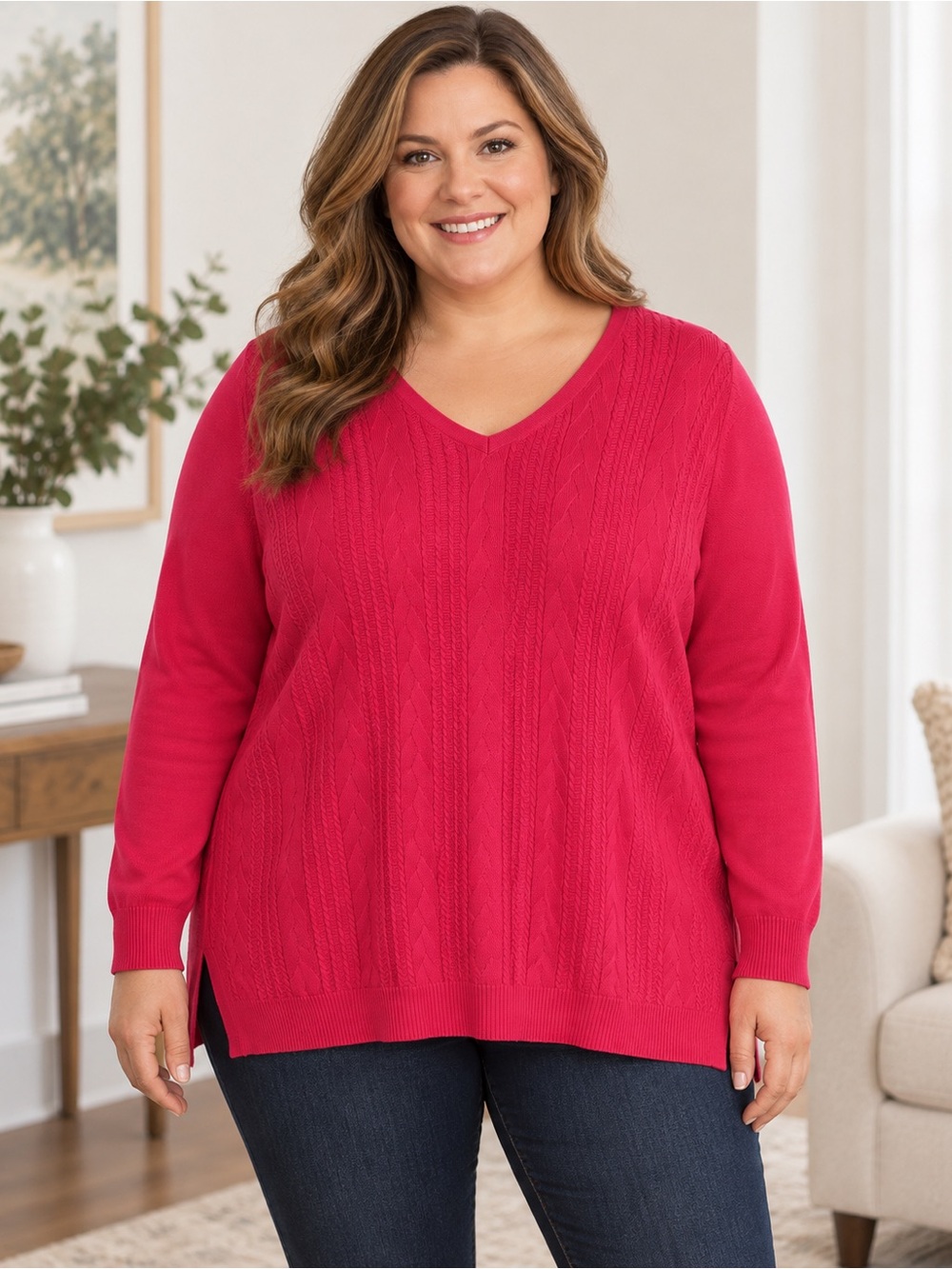 Talbots 3X Pink Cable Knit V Neck Tunic Sweater Preppy Classic Coastal Casual